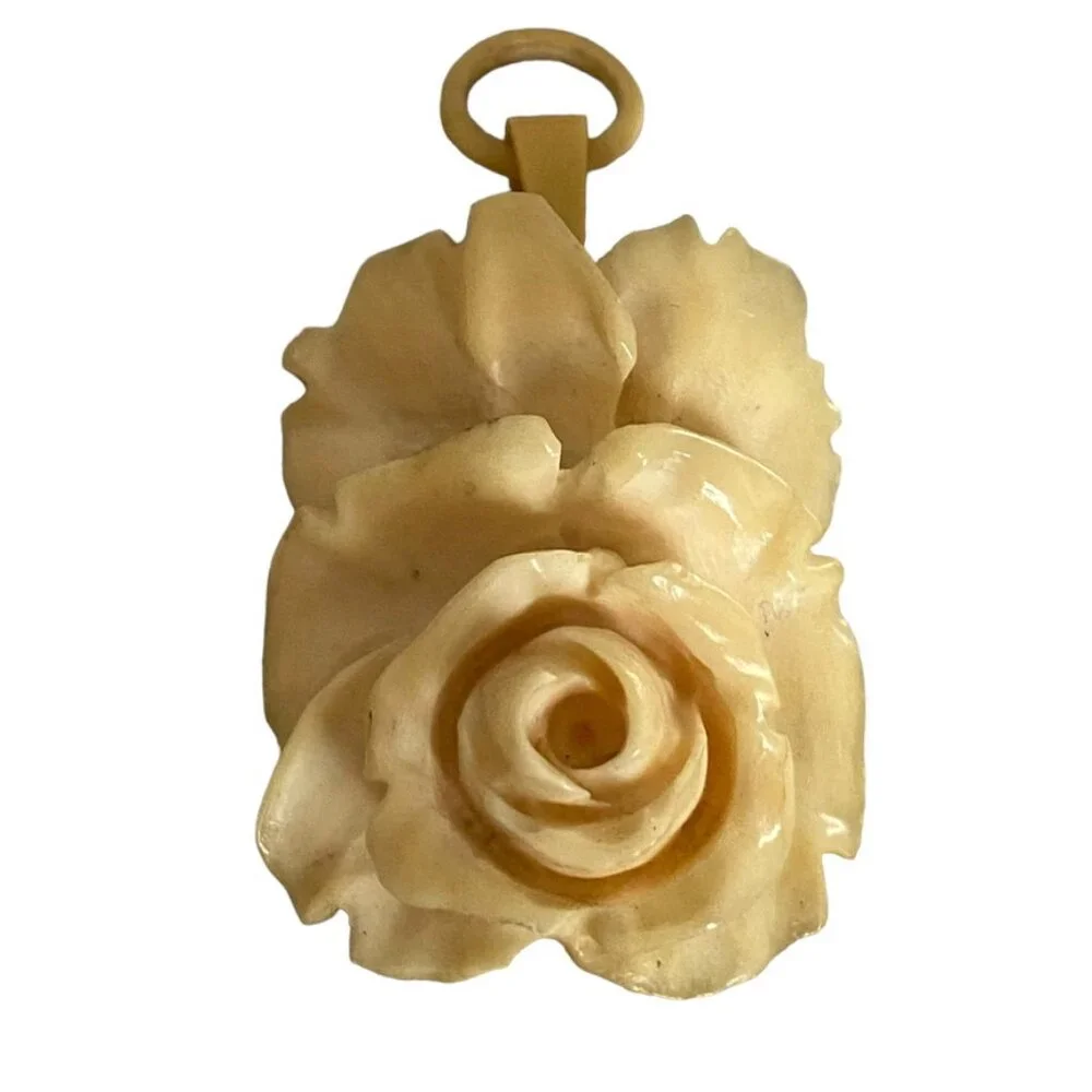 19th Century Victorian Ivory Bone Rose Pendant